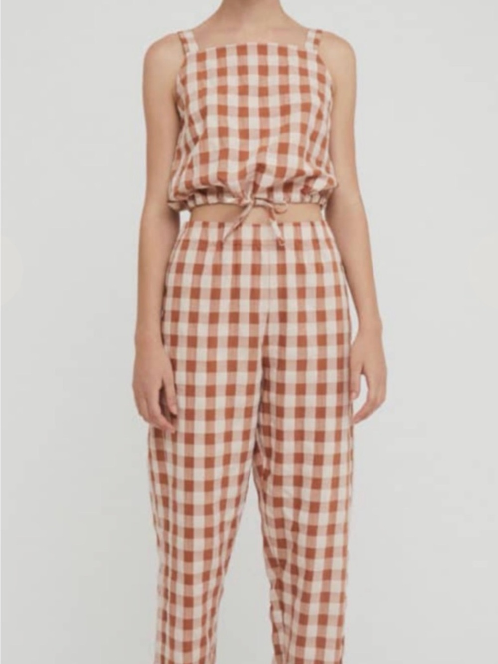 Rita Row Lula Top Brown check Tie-Waist Cropped Tank cotton blend Medium NEW